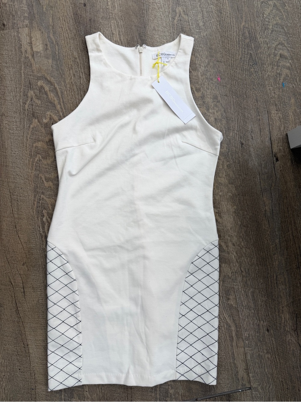BCBGeneration Cream Sleeveless Sheath Dress with Diamond-Grid Panels